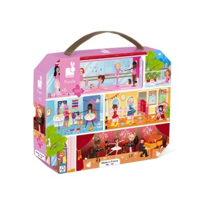 Embalagem em forma de casa colorida para puzzle de 100 peças Janod com várias ilustrações