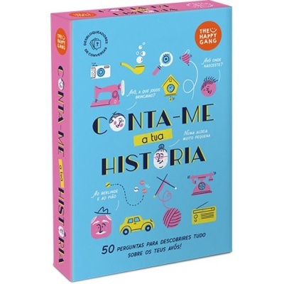 Caixa de jogo azul e rosa com o título CONTa-ME a tua HISTORIA e desenhos coloridos de objetos