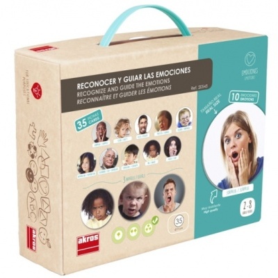 Caixa de jogo educativa Reconocer y Guiar Las Emociones com imagens de rostos e alça azul