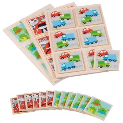 Jogo de memória infantil em madeira com imagens de carros, camiões e rãs