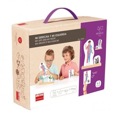 Caixa de brinquedo educativo para crianças com imagens do produto e texto multilíngue