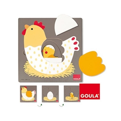 Quebra-cabeças de madeira galinha com pintainho e ovo, peças coloridas removíveis.