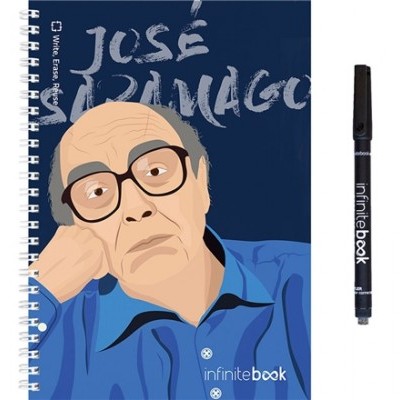 Caderno com capa ilustrada de José Saramago e caneta preta Infinitebook