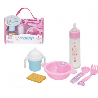 Brinquedos para bebé em tons rosa e azul com embalagem transparente e alça rosa.