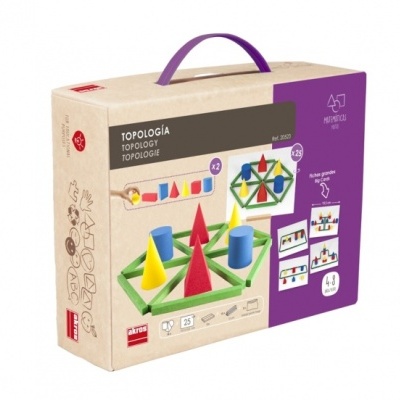 Caixa de brinquedo educativo Topologia com figuras geométricas coloridas e tabuleiro verde.