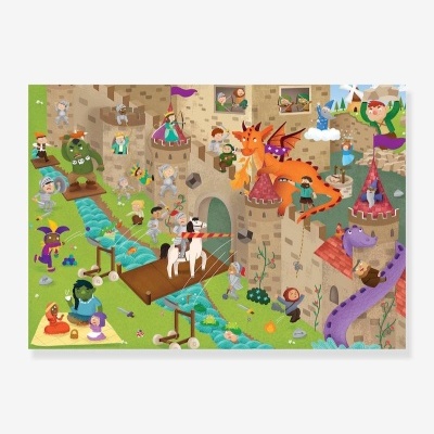 Ilustração colorida de castelo infantil com dragão e personagens de fantasia