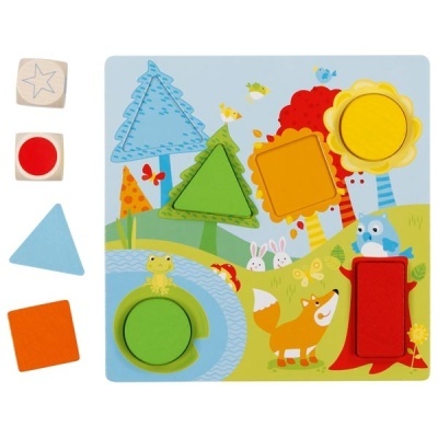 Jogo de encaixe de formas geométricas em madeira com tabuleiro ilustrado