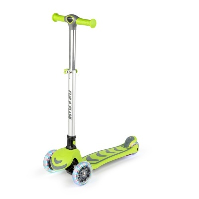 Trotinete infantil verde com rodas translúcidas e base antiderrapante