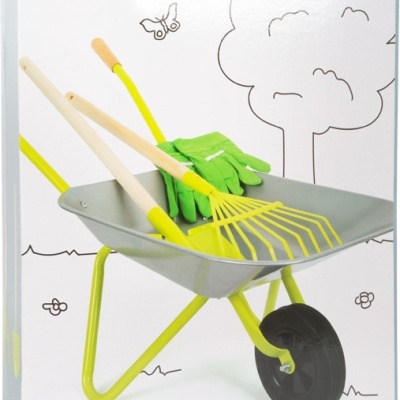 Conjunto de ferramentas de jardim infantis com carrinho de mão, ancinho, pá e luvas verdes