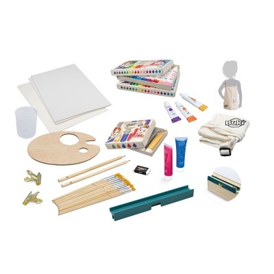 Kit completo de materiais para pintura com telas, pincéis, tintas, paleta, avental e acessórios organizados sobre fundo branco.