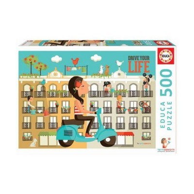 Caixa de puzzle EDUCA 500 peças com ilustração colorida de scooter e edifícios urbanos