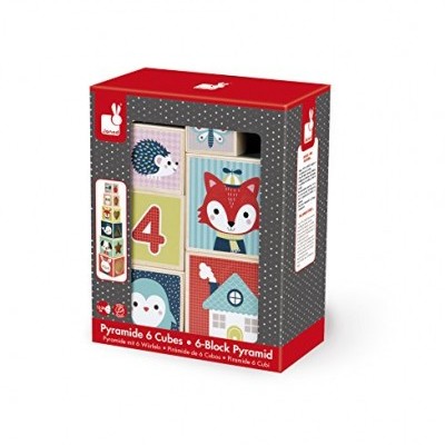 Conjunto de 6 blocos de madeira com imagens de animais e números, embalagem vermelha e cinza