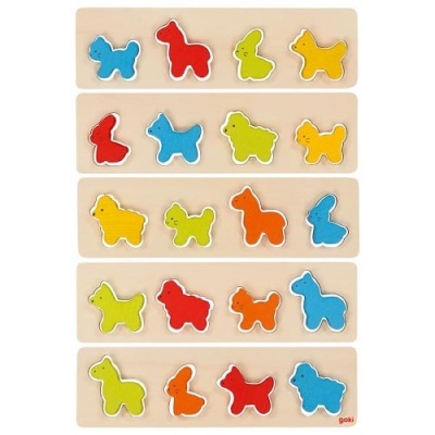 Quebra-cabeças de madeira com peças coloridas em forma de animais sobre bases retangulares claras