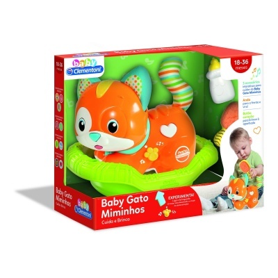 Brinquedo Baby Gato colorido para bebé na embalagem da marca Clementoni