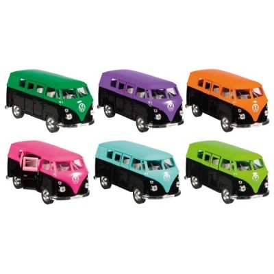 Seis miniaturas de carrinhas Volkswagen em várias cores