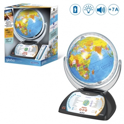 Globo digital educativo colorido com base preta e suporte transparente