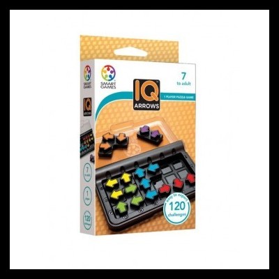 Jogo de puzzles IQ Arrows em caixa com peças coloridas e tabuleiro preto