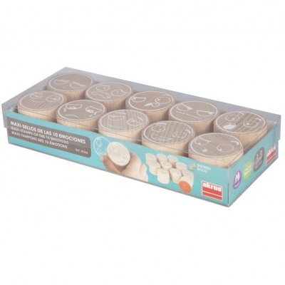 Caixa de 10 potes de madeira com tampas decoradas e embalagem azul claro