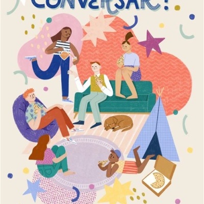 Ilustração de grupo de pessoas com texto VAMOS CONVERSAR? e 30 TEMAS DE CONVERSA DESAFIANTES PARA TODAS AS FAMÍLIAS.