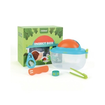 Conjunto Mideer INSECT BOX com caixa transparente, tampa azul e laranja, lupa, pinças, garfo e fita métrica