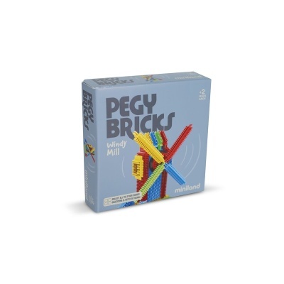 Caixa azul de brinquedo PEGY BRICKS com moinho de vento colorido de peças de encaixar.