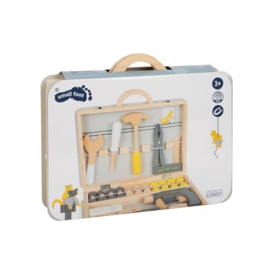 Conjunto de ferramentas de madeira para crianças em caixa com pega