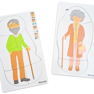 Dois puzzles de madeira com imagens de pessoas idosas desenhadas, um homem e uma mulher, da marca Betzold