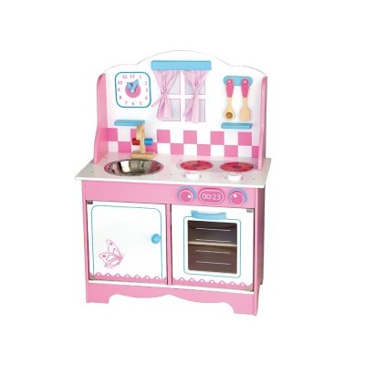 Cozinha de brincar rosa e branca em madeira com pia metálica e forno