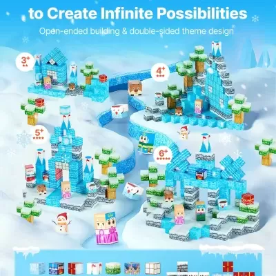 Conjunto de blocos de construção temática de inverno com personagens em cubo e castelos azuis
