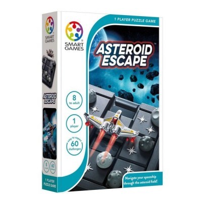 Caixa do jogo de puzzle ASTEROID ESCAPE da SMART GAMES para 1 jogador, indicado para maiores de 8 anos