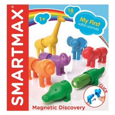 Embalagem do brinquedo Magnetic Discovery com animais safari de plástico coloridos da marca SMARTMAX