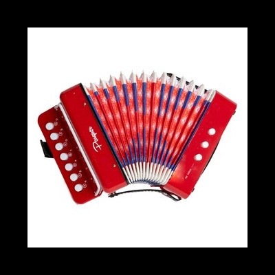 Acordeão vermelho com botões brancos e detalhes azuis e brancos no fole