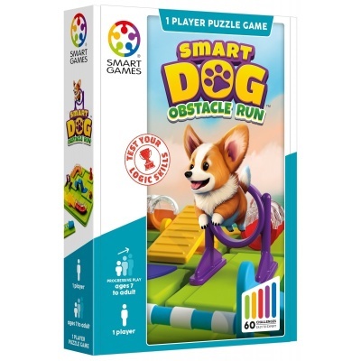 Caixa de jogo Smart Dog Obstacle Run com cão Corgi num percurso de obstáculos colorido