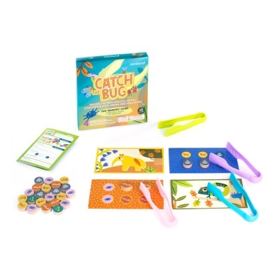 Jogo de memória infantil Catch The Bug com peças de madeira, cartões ilustrados, pinças coloridas e caixa de jogo