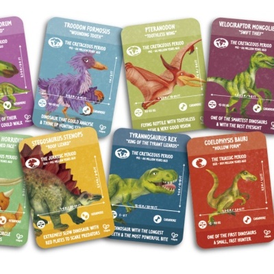Cartas de jogo coloridas com ilustrações e descrições de dinossauros