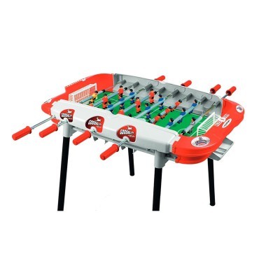 Mesa de matraquilhos branca e vermelha com jogadores azuis e vermelhos e campo verde