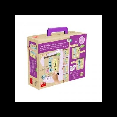 Embalagem de jogo educativo de madeira com porta-lápis roxo e blocos numerados coloridos