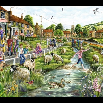 Pintura de vila rural com pessoas, ovelhas, rio, pássaros e casas de pedra.