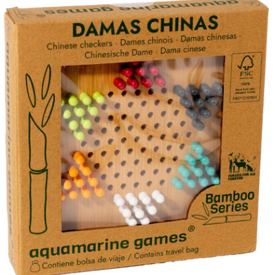 Embalagem de jogo de damas chinesas com tabuleiro de madeira e peças coloridas