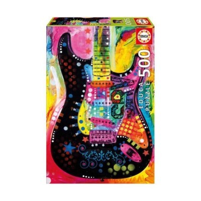 Caixa de puzzle com imagem colorida de guitarra elétrica artística.
