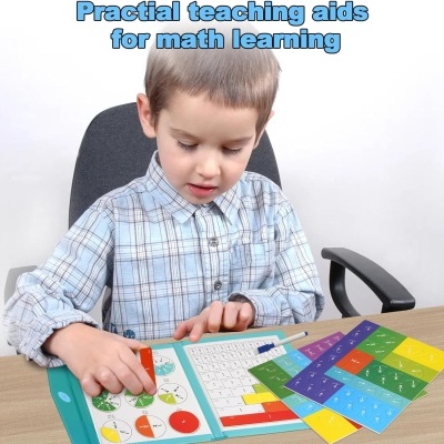 Criança a usar material educativo para matemática com gráficos e tabelas coloridas.