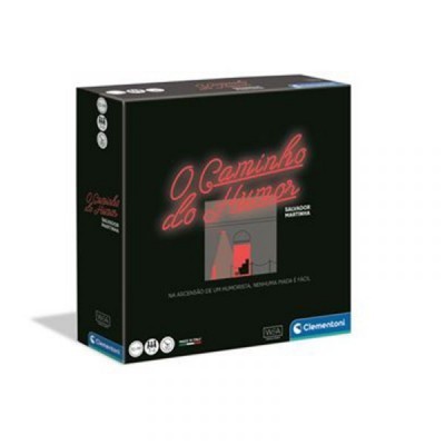 Caixa preta do jogo O Caminho do Humor com texto em neón cor de rosa e microfone estilizado.