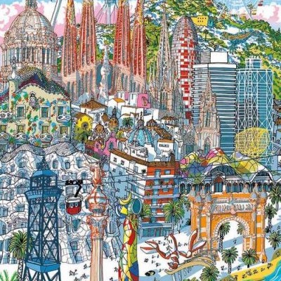 Ilustração colorida dos principais pontos turísticos de Barcelona com céu azul