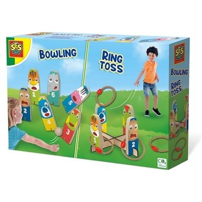 Caixa de brinquedo jogos Bowling e Ring Toss para crianças, com pinos numerados coloridos e argolas em campo verde.