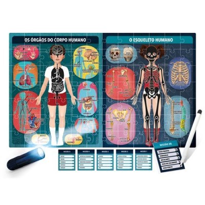Quebra-cabeças educativo com órgãos e esqueleto humano, caneta, lanterna e cartões de missão