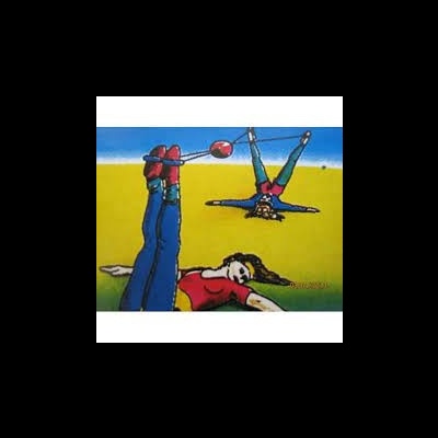 Desenho cartoon de duas mulheres numa paisagem de campo com céu azul