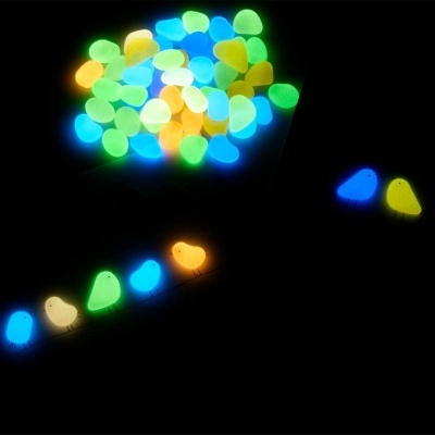 Pássaros luminosos coloridos no escuro com pedras brilhantes coloridas