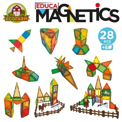 Conjunto EDUCA MAGNETICS ECOFARM com 28 peças magnéticas coloridas e figuras de animais com cercado.