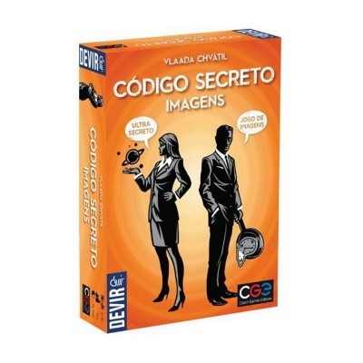 Caixa laranja de jogo Código Secreto Imagens com figuras de homem e mulher em preto e branco