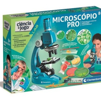 Caixa de microscópio de brinquedo azul para crianças com várias imagens e texto em verde